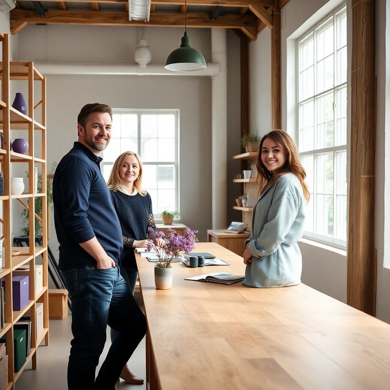 Small creative studio team in a bright Victoria workspace with timber shelving and violet accents