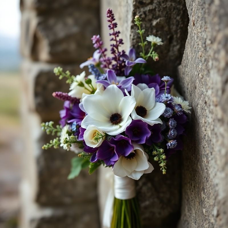 Close-up of a violet and ivory bridal bouquet against stone