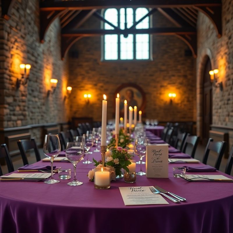 Candlelit dinner table in a Victoria heritage hall with violet linen