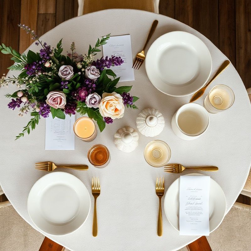 Overhead shot of a bespoke wedding tablescape with violet florals and gold flatware
