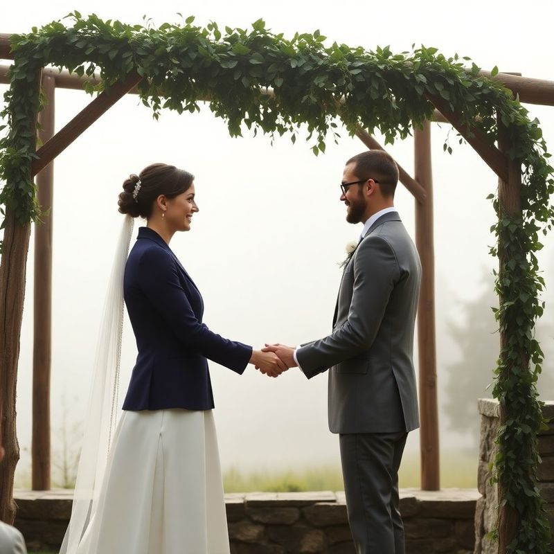 Couple exchanging vows under a timber and greenery archway on Salt Spring Island