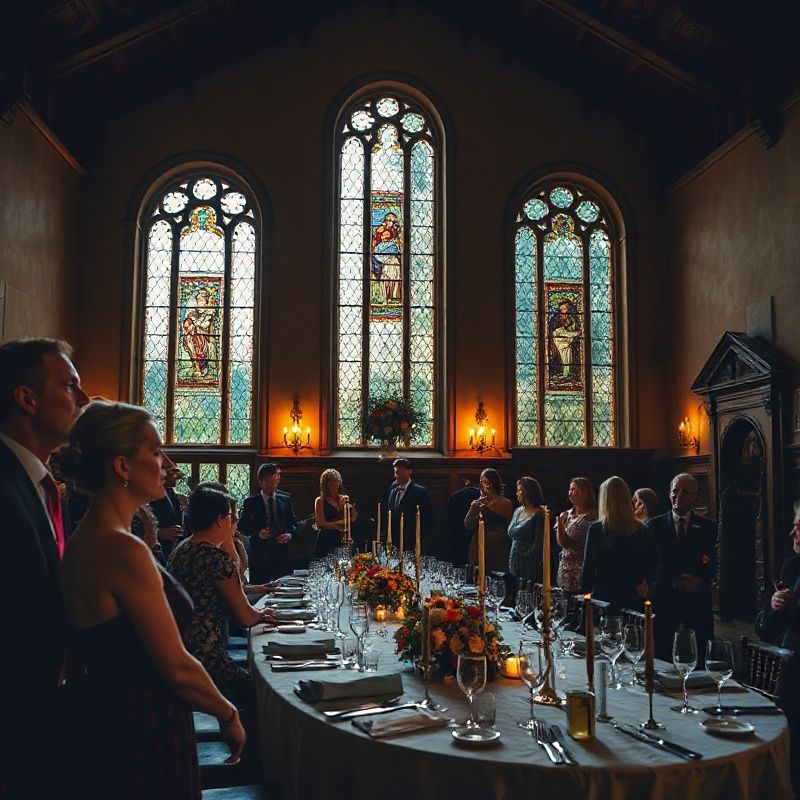 Wide reception shot inside Craigdarroch Castle Victoria with stained-glass light