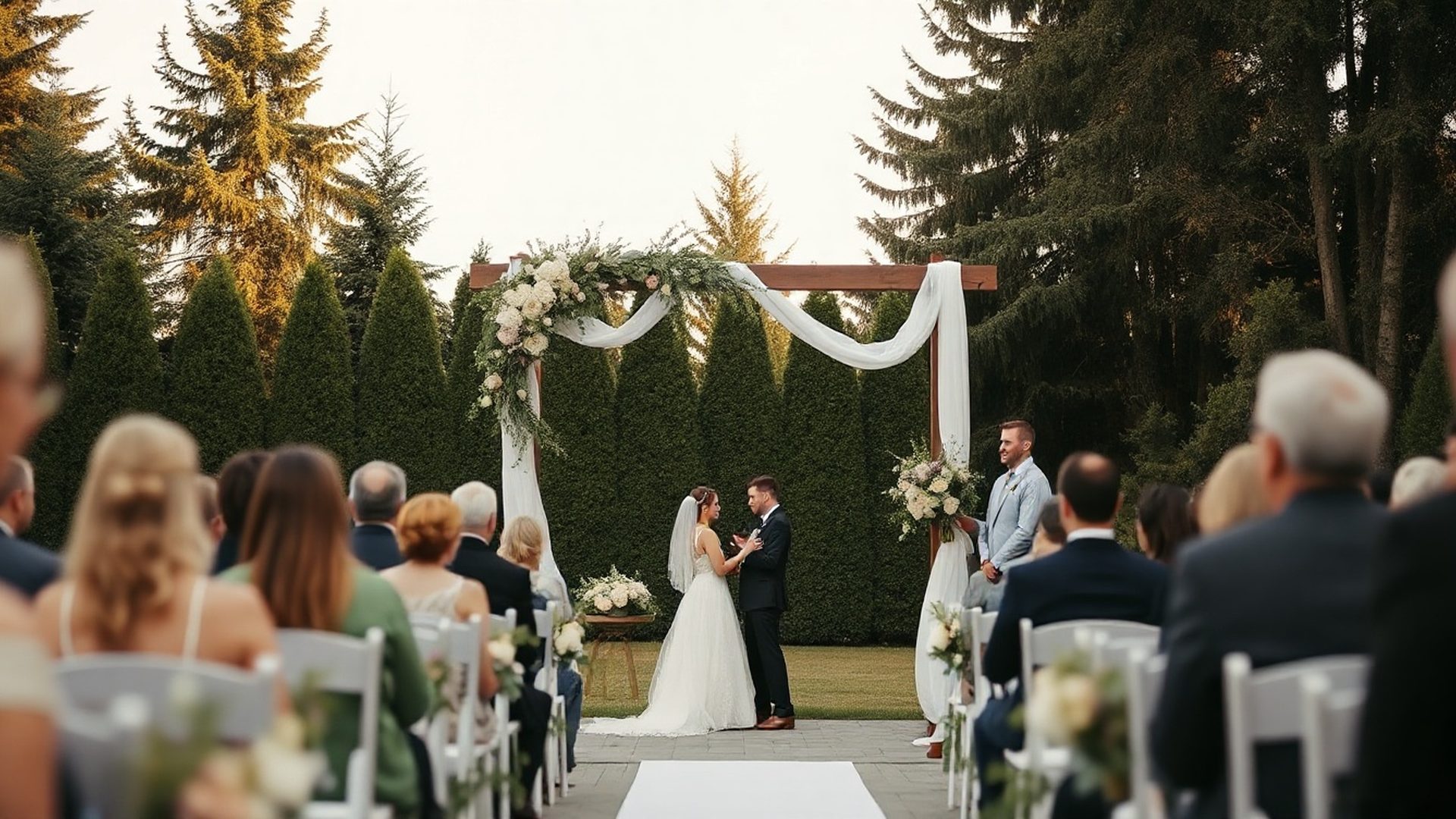 Outdoor wedding ceremony in Victoria BC with violet and ivory florals framing a timber archway